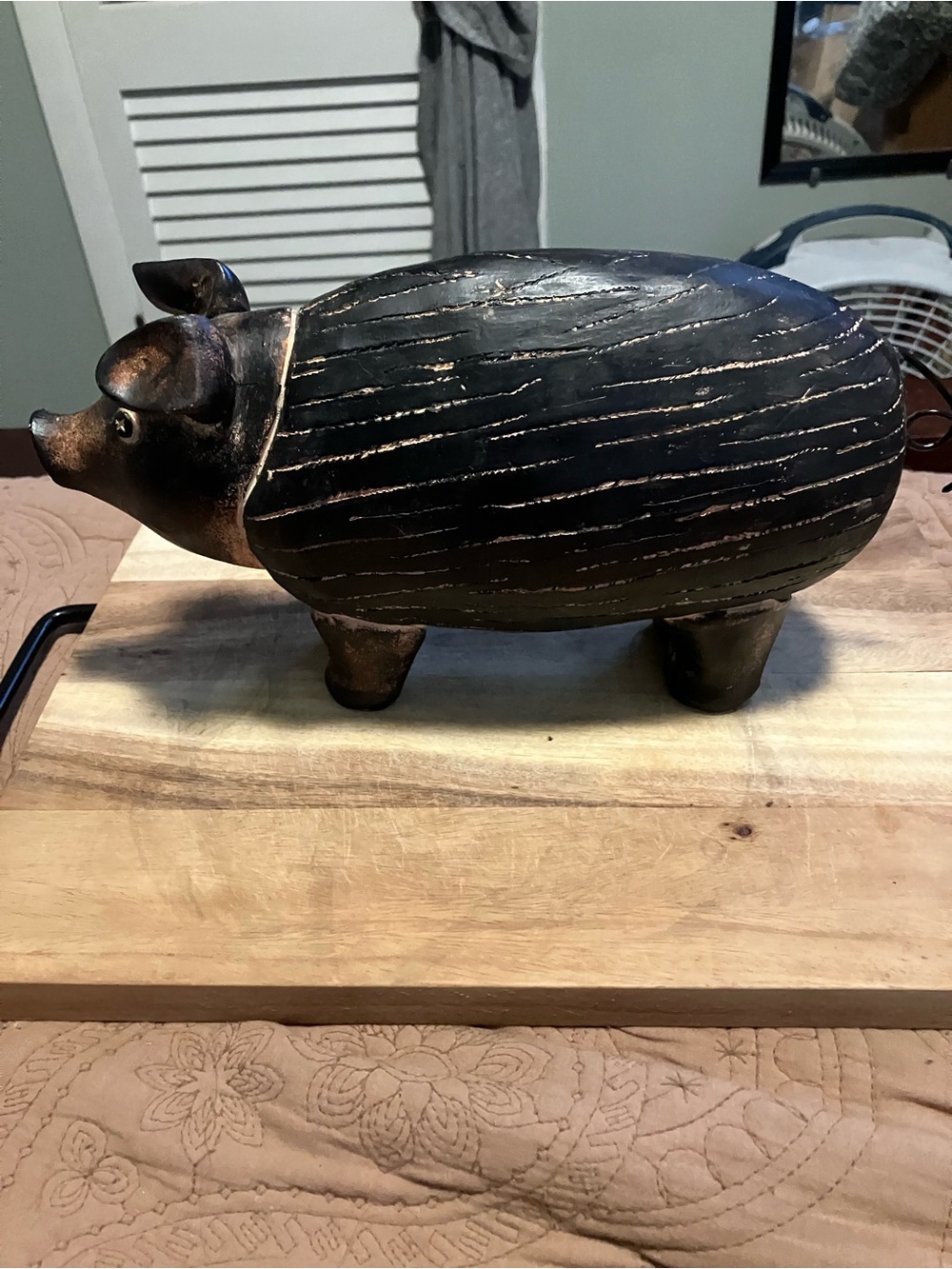 Rustic Folk Art Hand Carved Wooden Pig
